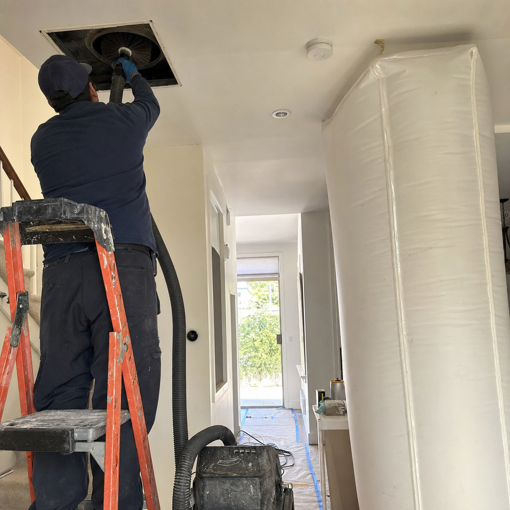 Technician performing professional residential air duct cleaning service with vacuum equipment