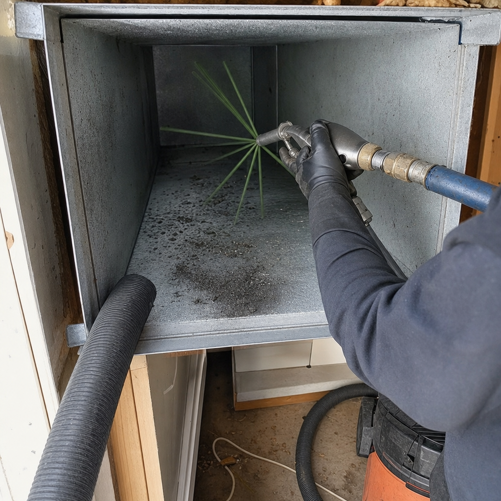 Technician using a rotating air duct cleaning brush tool