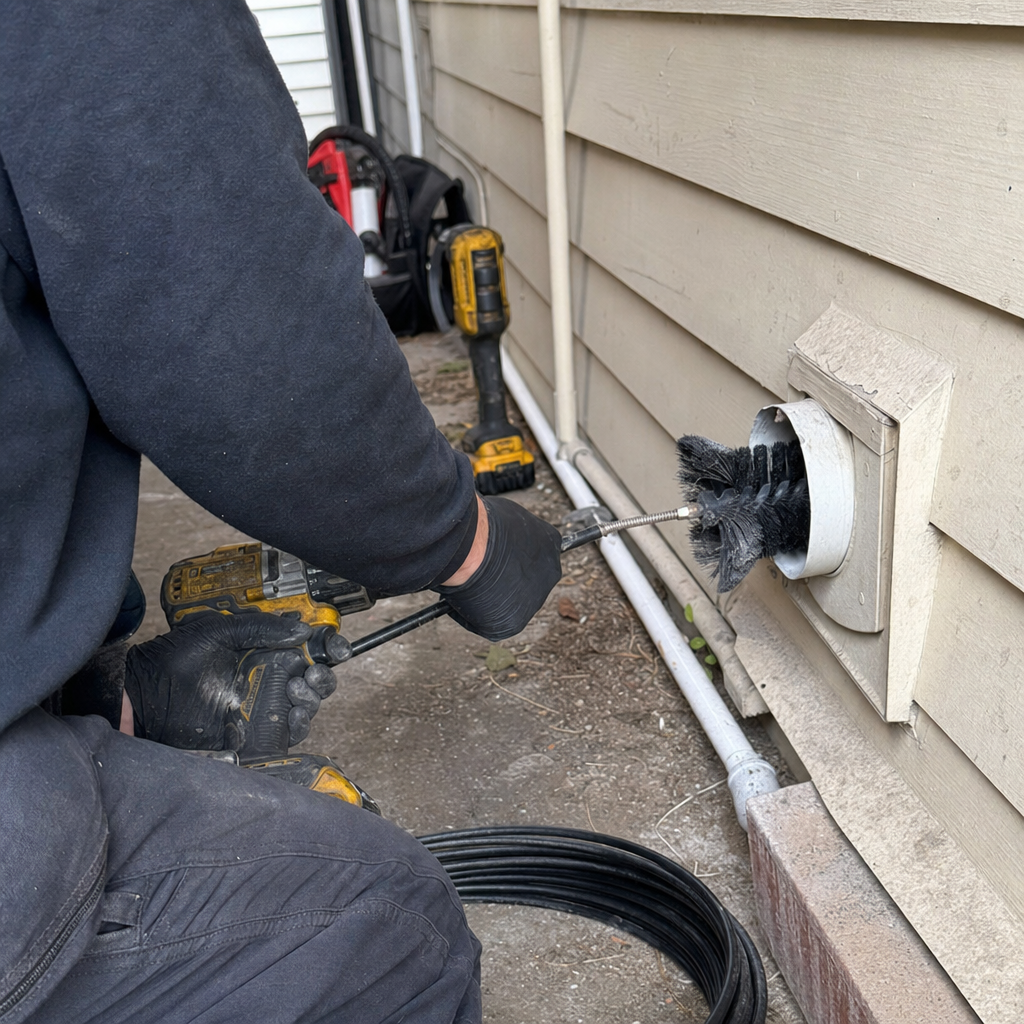 Technician using a rotary brush to clean an exterior dryer vent