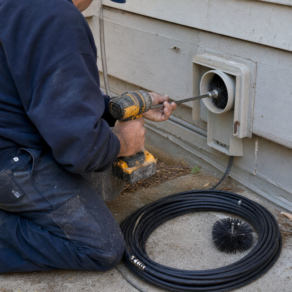 Technician using a power drill to perform residential dryer vent cleaning