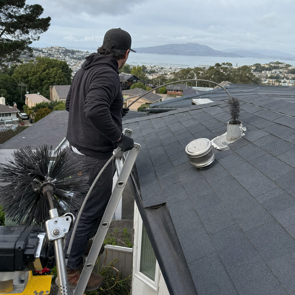 Professional technician performing dryer vent cleaning on a residential rooftop