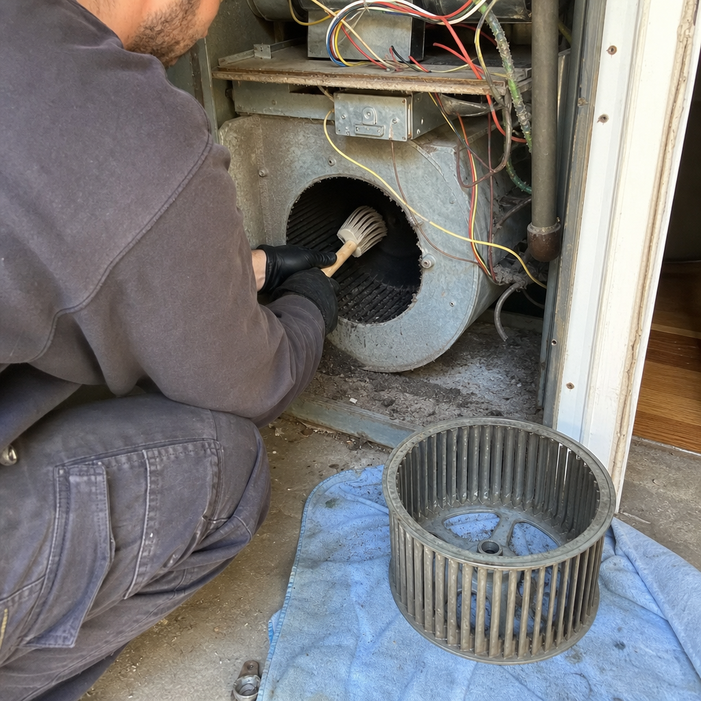 Technician performing professional HVAC furnace blower cleaning and maintenance