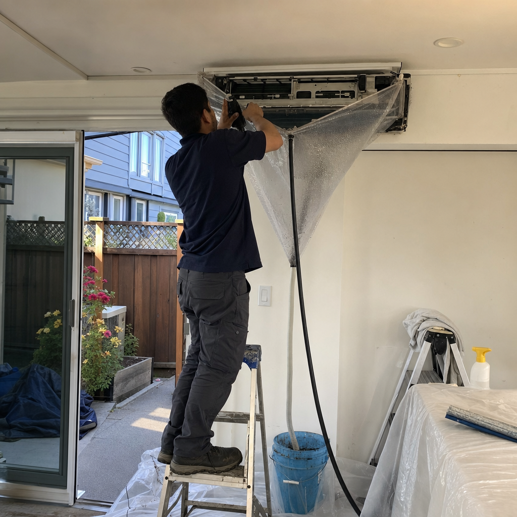 Professional technician performing residential HVAC air conditioner deep cleaning service