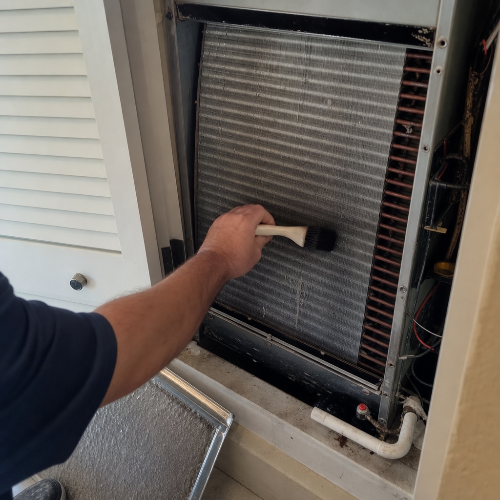 Technician performing professional HVAC evaporator coil cleaning with a brush