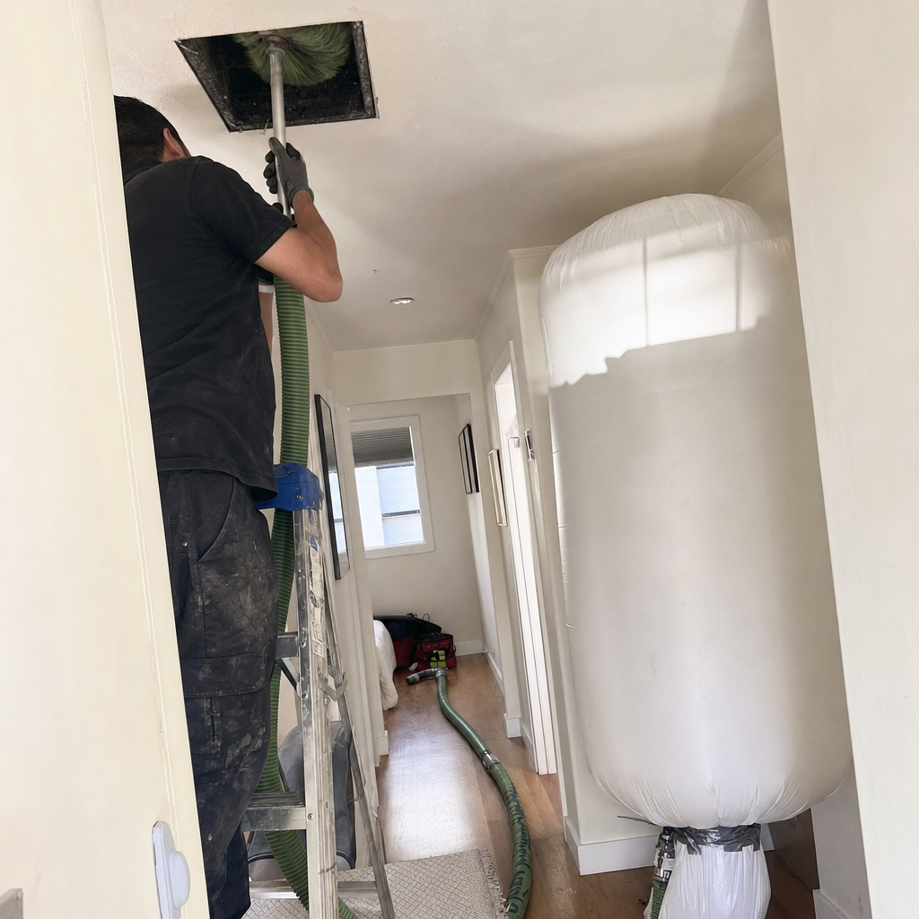Technician using professional air duct cleaning equipment to clean a ceiling vent