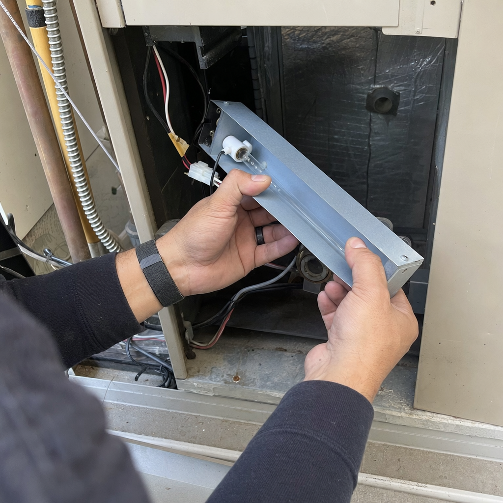 Technician performing professional HVAC ultraviolet light air sanitizing and cleaning in San Francisco, CA