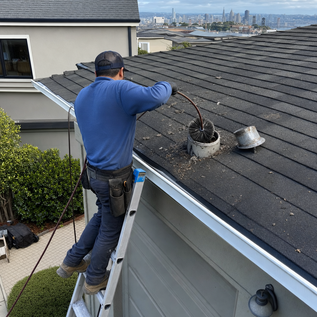 Technician performing professional dryer vent cleaning from the roof