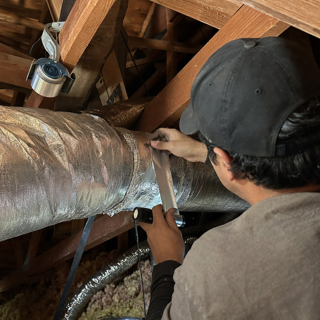 Technician performing professional air duct repair and sealing in an attic in San Francisco, CA