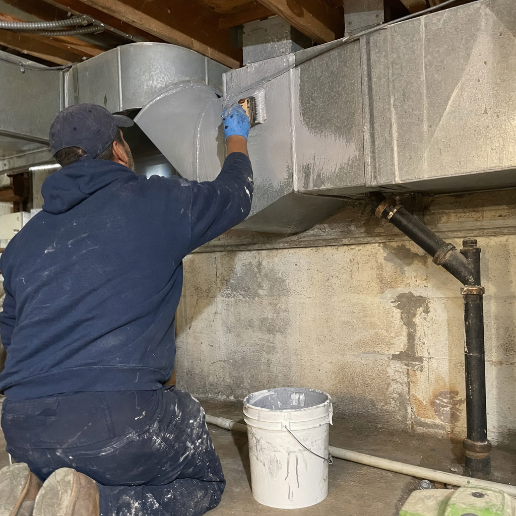 Professional technician applying sealant to metal air ducts for HVAC maintenance in San Francisco, CA